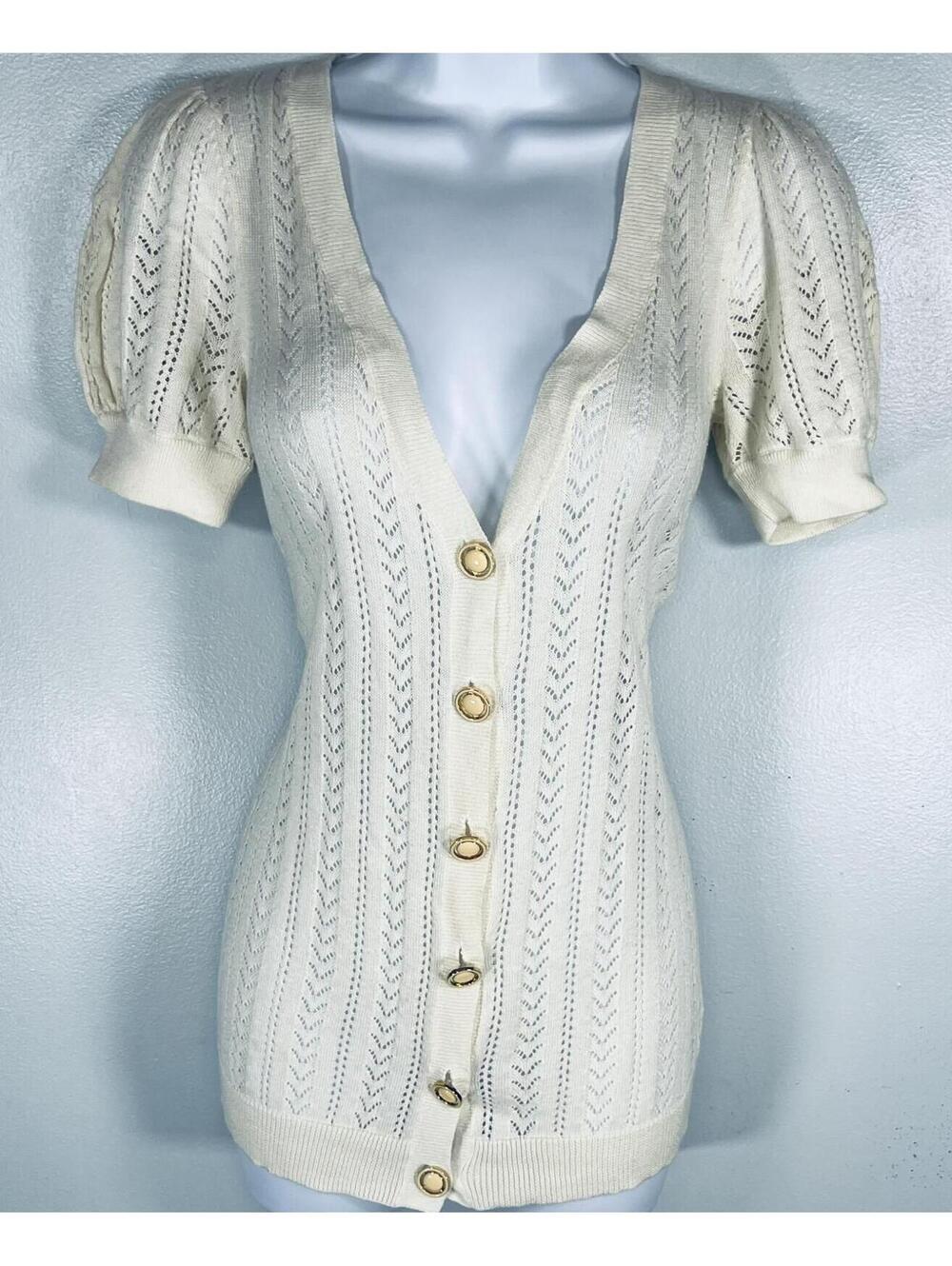 Vintage Juicy Couture Cream Pointelle Knit Puff Short Sleeve Cardigan Top P / XS